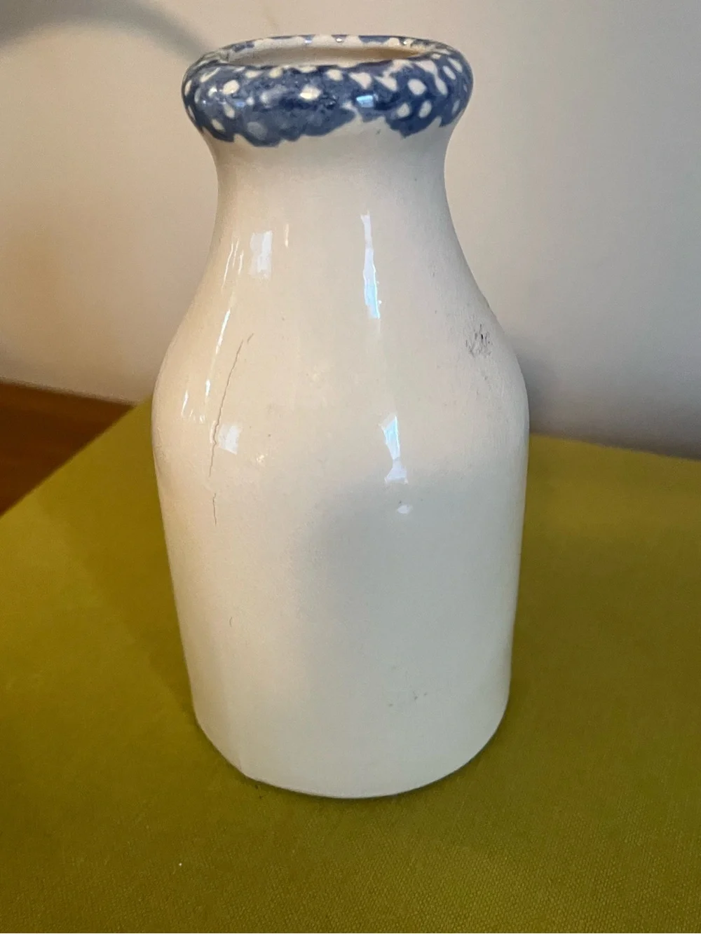 Vintage Ceramic Milk Jug Vase with Blue Heart and Spongeware Rim